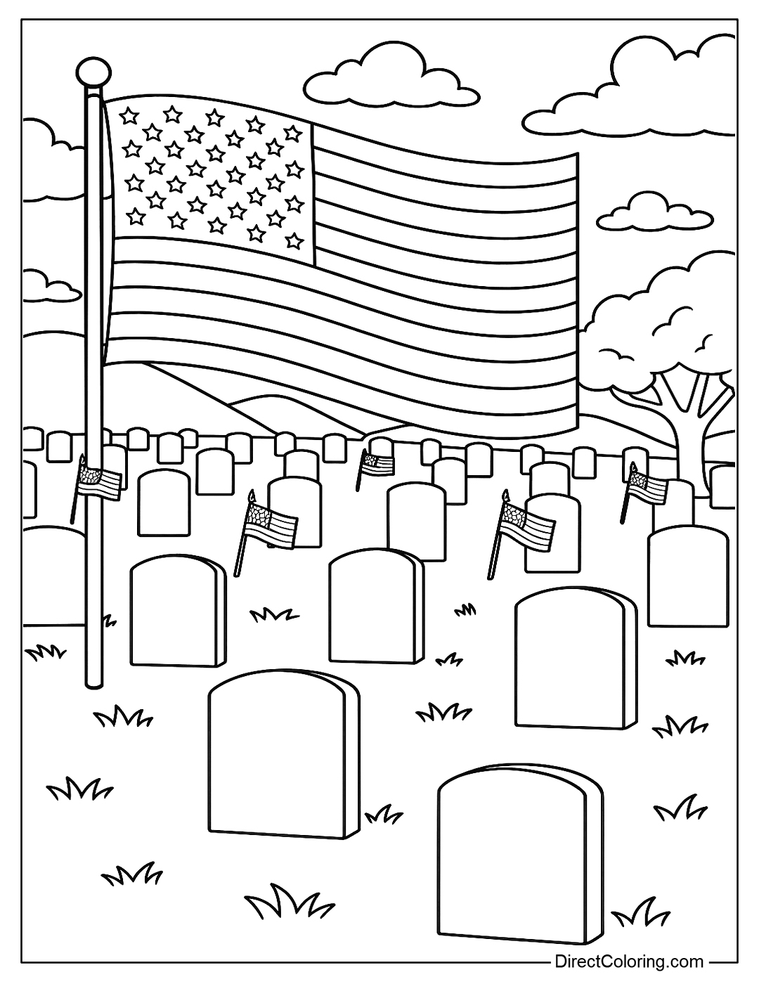 coloring page of a Veterans Cemetery with an American flag on each white grave